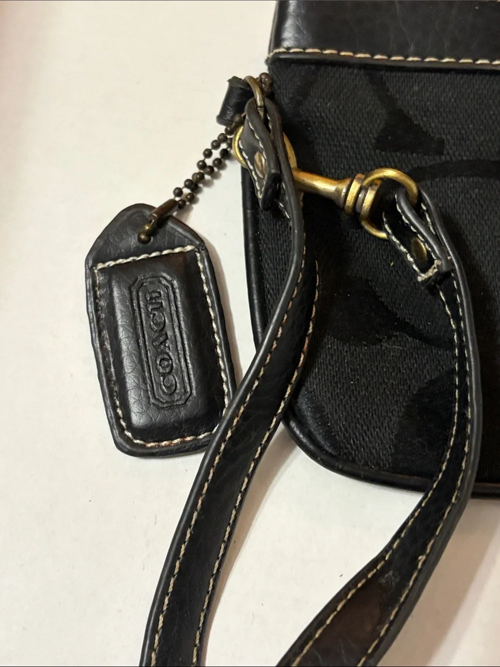 Coach Black Signature Wristlet with Leather Trim